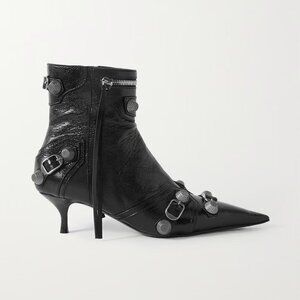 BALENCIAGA Cagole 50 Studded Buckled Kitten Heel Ankle Bootie Boots Black